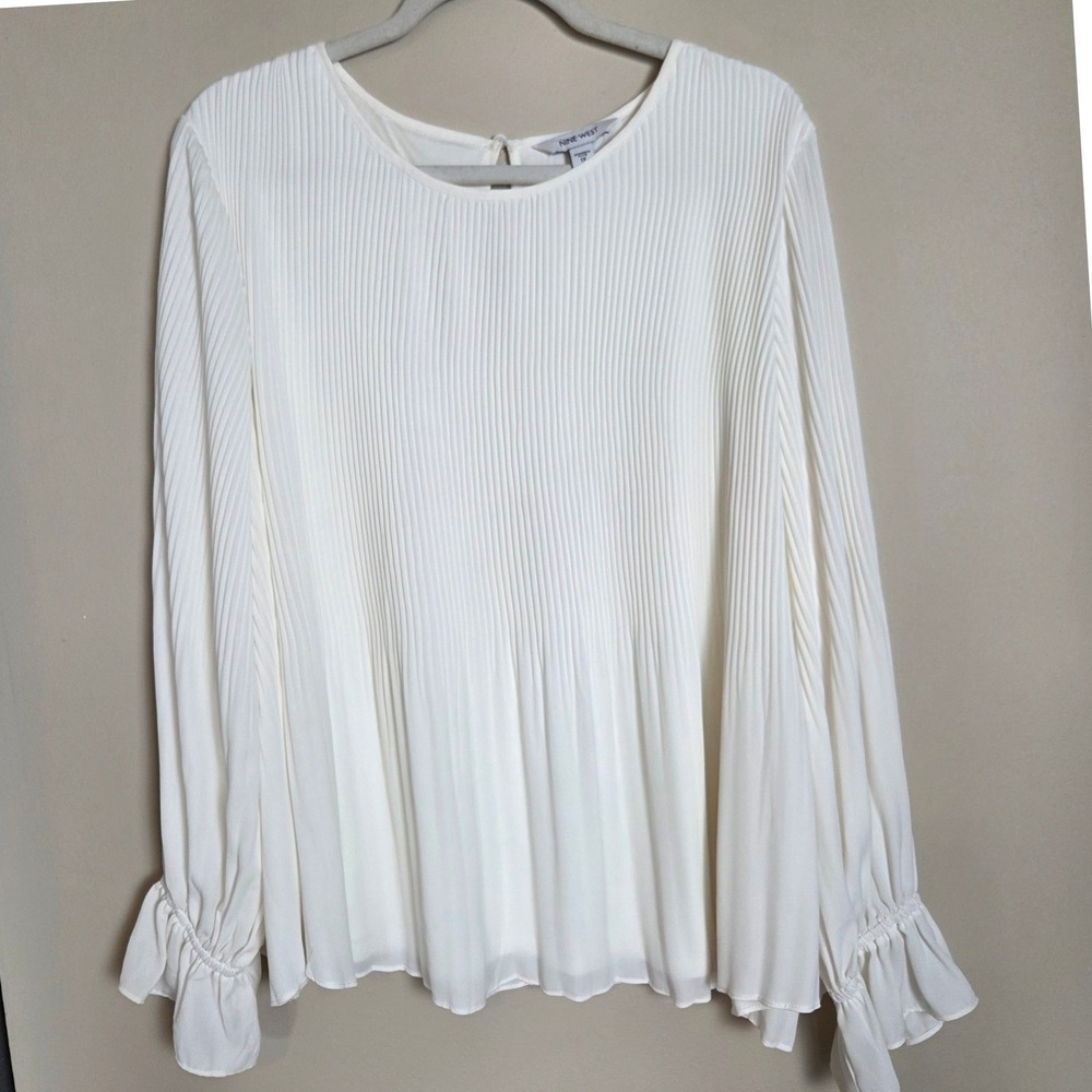 Nine West Blouse Women 1X White Top Pleated Ruffle Cuff Minimalist Feminine Work - Picture 2 of 9